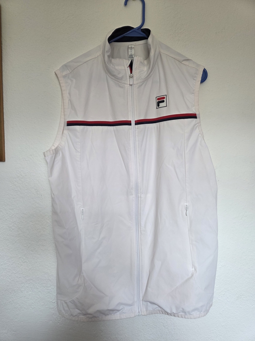 Lightweight FILA White Sleeveless Zip Vest with Red & Navy Stripe, L